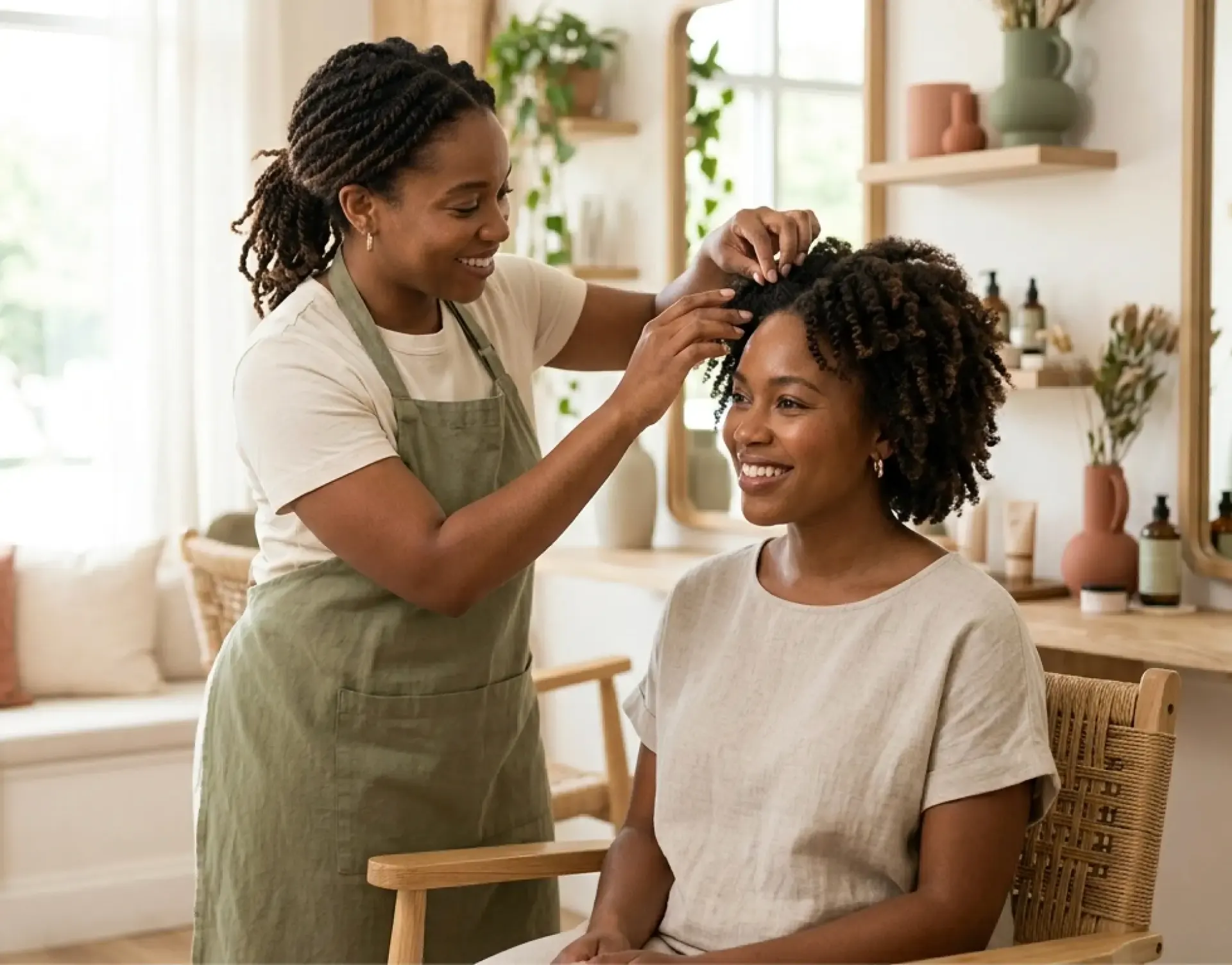 Stylist shaping a client's curls in the salon chair
